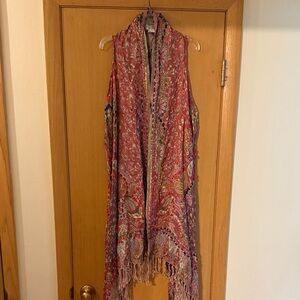 Time for Me Women’s Floral Paisley Fringe Long Vest Red One Size